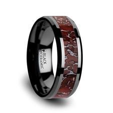 TRIASSIC Red Dinosaur Bone Inlaid Black Ceramic Beveled Edged Ring - 8mm