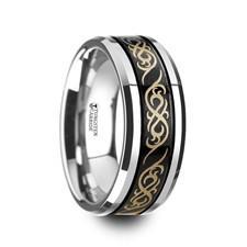 RAIZEN Black Tungsten Carbide Wedding Ring with Dual Offset Grooves and Laser Engraved Celtic Pattern Polished and Beveled Edges - 9mm