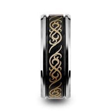 Load image into Gallery viewer, RAIZEN Black Tungsten Carbide Wedding Ring with Dual Offset Grooves and Laser Engraved Celtic Pattern Polished and Beveled Edges - 9mm