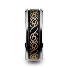RAIZEN Black Tungsten Carbide Wedding Ring with Dual Offset Grooves and Laser Engraved Celtic Pattern Polished and Beveled Edges - 9mm