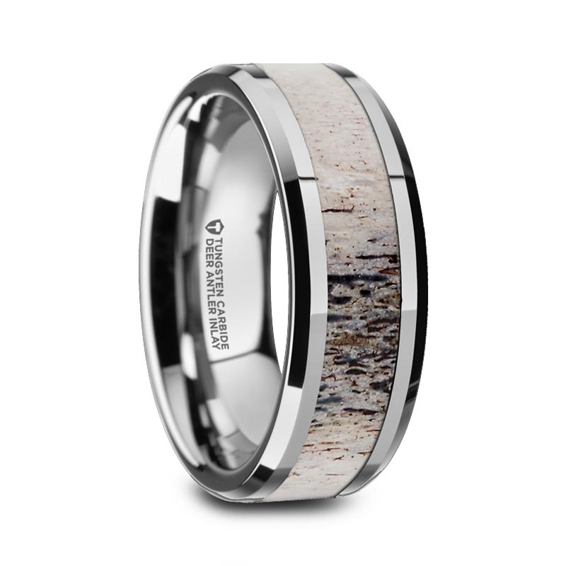 BUCK Polished Beveled Tungsten Carbide Men's Wedding Band with Ombre Deer Antler Inlay - 8mm