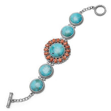 Load image into Gallery viewer, 7.5" Reconstituted Turquoise and Coral Sunburst Toggle Bracelet