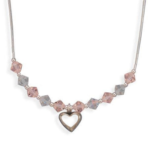 13" + 2" Extension Crystal and Liquid Silver Necklace with Open Heart Drop