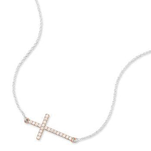 16" + 2" 14 Karat Gold Plated CZ Sideways Cross Necklace
