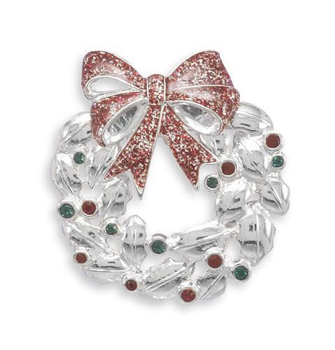 Wreath Fashion Pin with Red and Green Swarovski Crystals