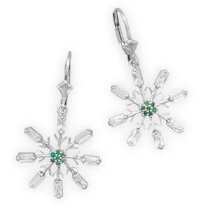 Rhodium Plated Snowflake Earrings with Clear and Green CZ