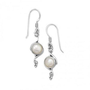 Cultured Freshwater Pearl Earrings with Oxidized Scroll Design