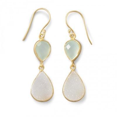 14K Gold Plated Earrings with Green Chalcedony and Druzy