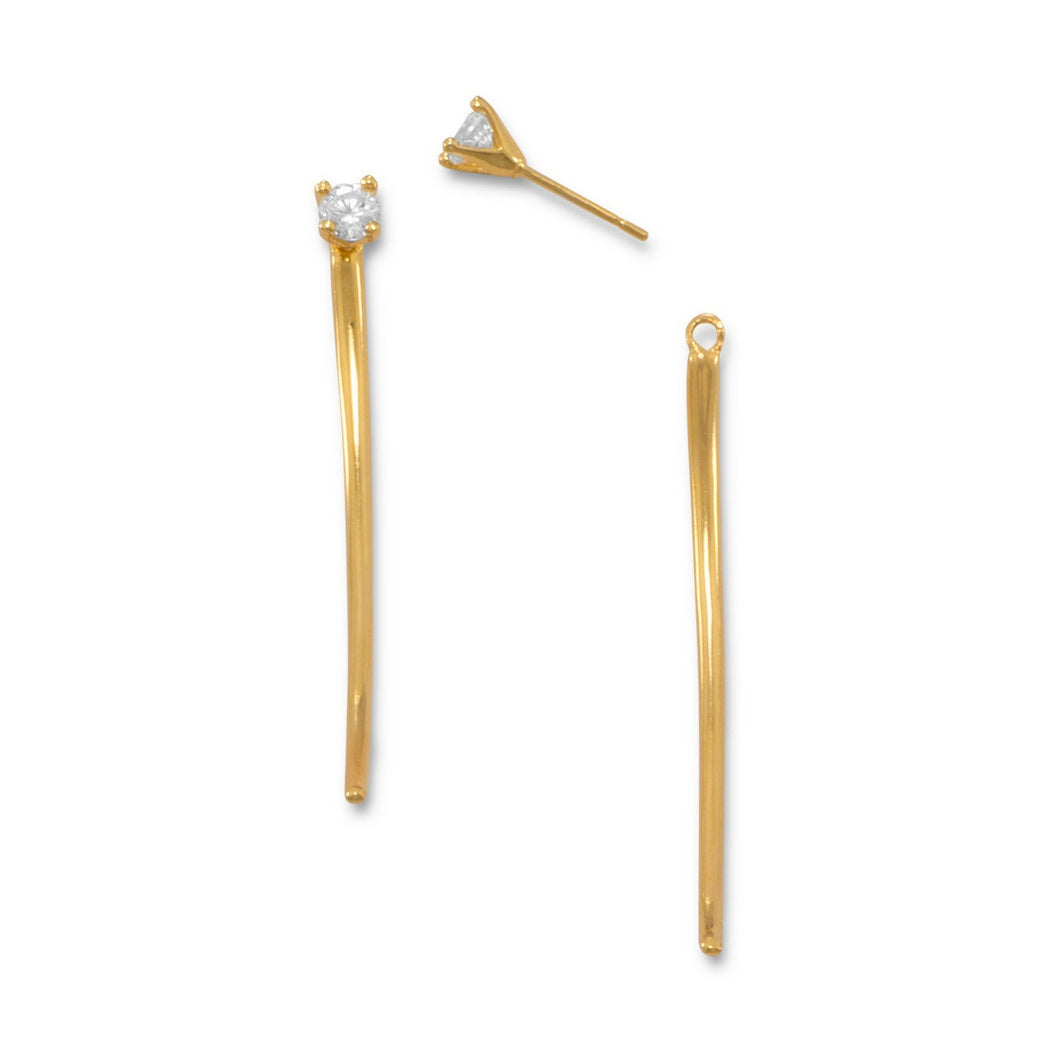 14 Karat Gold Plated CZ Curve Bar Front Back Earrings