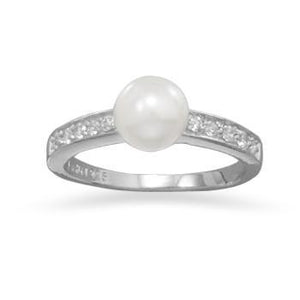 Rhodium Plated CZ and Simulated Pearl Ring