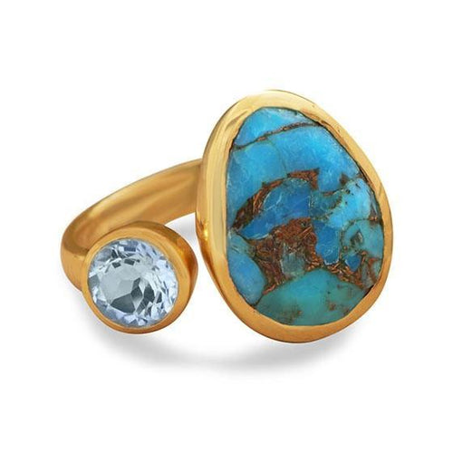 14 Karat Gold Plated Ring with Blue Topaz and Turquoise