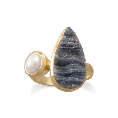 14 Karat Gold Plated Desert Druzy and Cultured Freshwater Pearl Ring