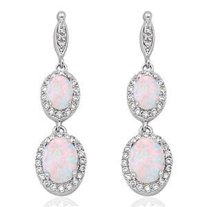 Sterling Silver Created  White Opal and Cubic Zirconia Dangle Earrings