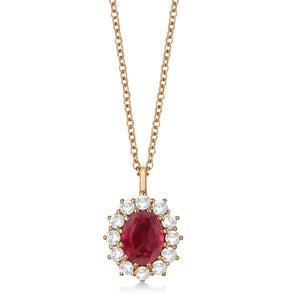 14k Rose Gold Oval Ruby and Diamond Pendant Necklace  3.60ctw