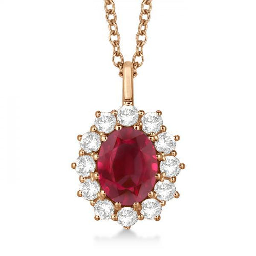 14k Rose Gold Oval Ruby and Diamond Pendant Necklace  3.60ctw