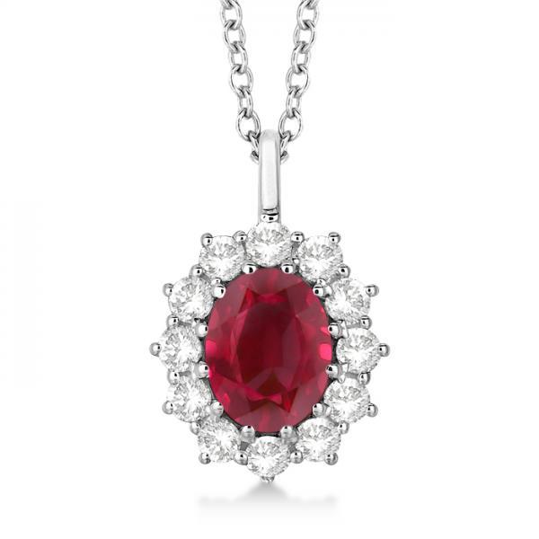 14k White Gold Oval Ruby and Diamond Pendant Necklace 3.60ctw