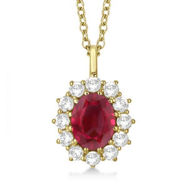 14k Yellow Gold Oval Ruby and Diamond Pendant Necklace 14k Yellow Gold 3.60ctw