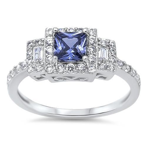 .925 Pricess Cut Tanzanite CZ and White CZ Ring