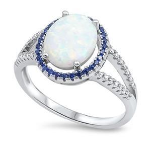 .925 Oval White Opal Blue Sapphire CZ Ring