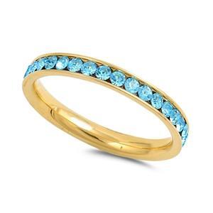 Yellow Gold Aquamarine Stainless Steel Eternity Ring W/ Crystal