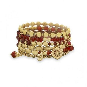 Set of 6 Gold Tone Multicharm Fashion Stretch Bracelets with Red Beads