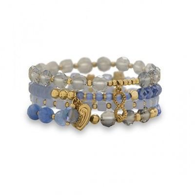 Set of 4 Gold Tone Multicharm Fashion Stretch Bracelets with Blue Stones