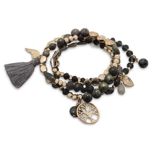 Set of 4 Gold Tone Fashion Multicharm Stretch Bracelets with Tassle
