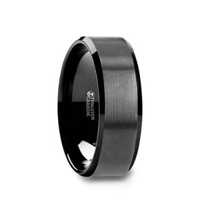 Black Tungsten Ring with Polished Beveled Edges and Brush Finished Center 8mm