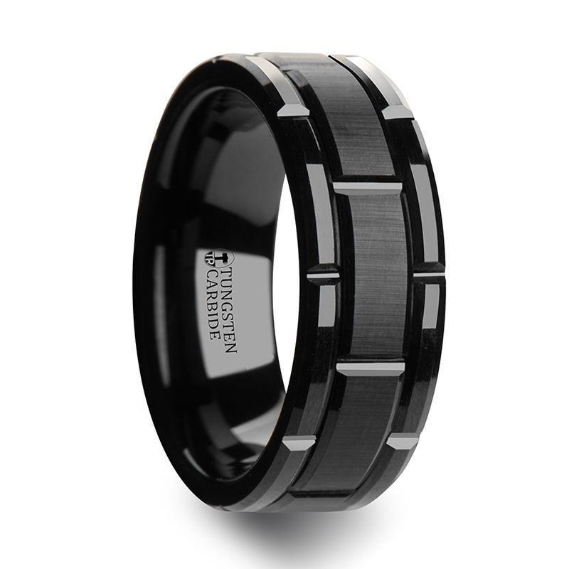 Beveled Black Tungsten Carbide Wedding Band with Brush Finished Center and Alternating Grooves