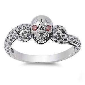 Sterling Silver 925 LADIES BIKER SKULL DESIGN GARNET CZ RING 9MM SIZE 4-12