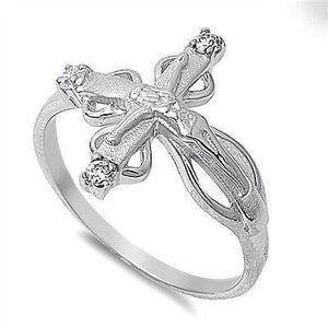 Sterling Silver 925 SIDEWAY CRUCIFIX CROSS DESIGN CLEAR CZ RING 18MM SIZES 4-10