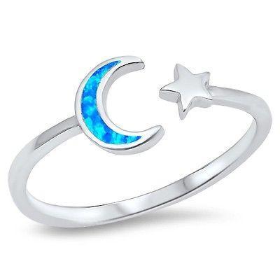 Sterling Silver 925 BLUE CRESCENT MOON AND STAR LAB OPAL DESIGN RINGS 3MM SIZES 3-10