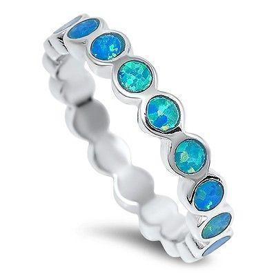 .925 Sterling Silver 4MM ROUND ETERNITY DESIGN BLUE LAB OPAL RING SIZES 4-10