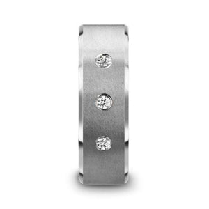 SAMUEL Satin Finish Tungsten Carbide Wedding Ring with 3 White Diamond Setting and Beveled Edges- 8 mm