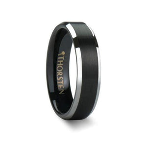 ASTON Black Brushed Center Tungsten Carbide Ring with Polished Beveled Edges - 6mm
