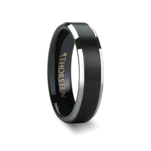 ASTON Black Brushed Center Tungsten Carbide Ring with Polished Beveled Edges - 6mm