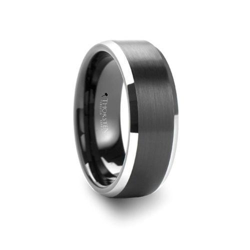 ASTON Black Brushed Center Tungsten Carbide Ring with Polished Beveled Edges - 8MM