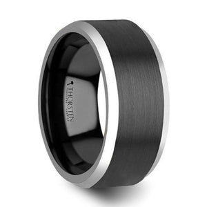 ASTON Black Brushed Center Tungsten Carbide Ring with Polished Beveled Edges - 10mm