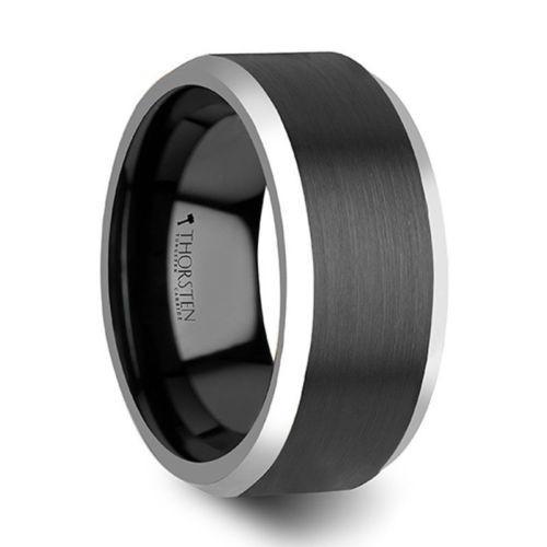 ASTON Black Brushed Center Tungsten Carbide Ring with Polished Beveled Edges - 10mm