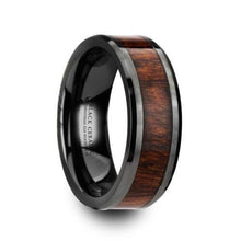 Load image into Gallery viewer, THRACIAN Carpathian Wood Inlaid Black Ceramic Ring with Bevels - 8mm