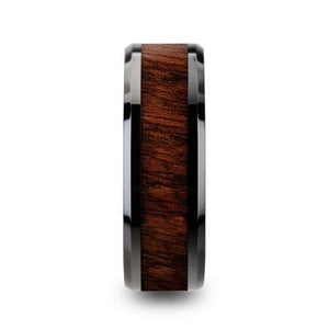 THRACIAN Carpathian Wood Inlaid Black Ceramic Ring with Bevels - 8mm