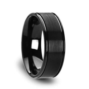 TURNER Flat Brushed Finish Center Black Tungsten Carbide Wedding Band with Dual Offset Grooves and Polished Edges - 8 mm
