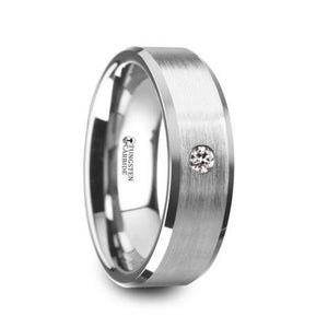 PORTER Brushed Finish Tungsten Carbide Wedding Ring with White Diamond Setting and Beveled Edges- 8 mm
