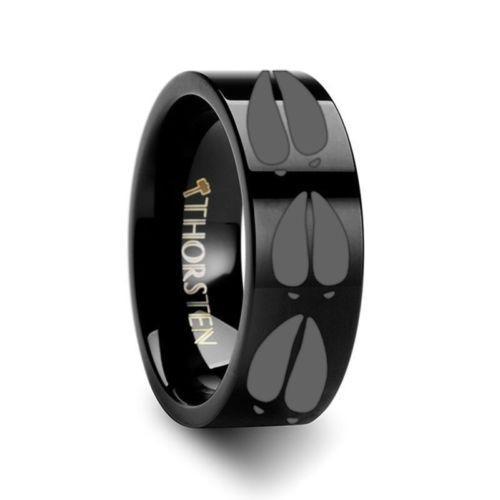 Black Deer Track Design Engraved Flat Tungsten Carbide Ring 10mm