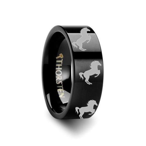 Thorsten Rings Horse Print Black Engraved Flat Tungsten Carbide Ring 4mm
