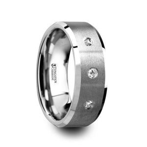 SAMUEL Satin Finish Tungsten Carbide Wedding Ring with 3 White Diamond Setting and Beveled Edges- 8 mm